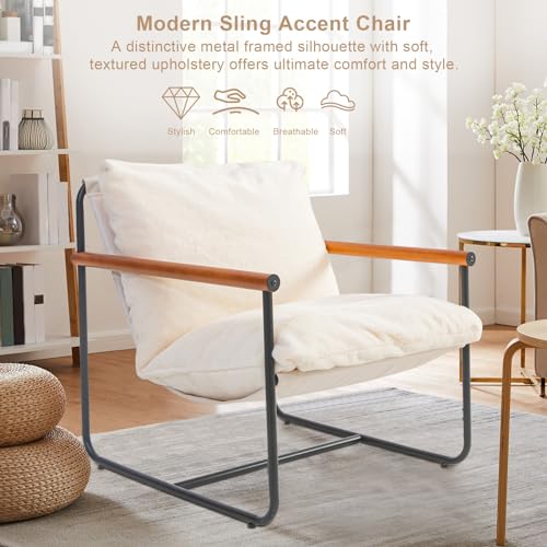 BYBYME Sherpa Accent Chair, Boucle Arm Accent Reading Chairs, Mid Century Modern Bedroom Living Room Chair, Armchair with Wooden Arms Metal Frame