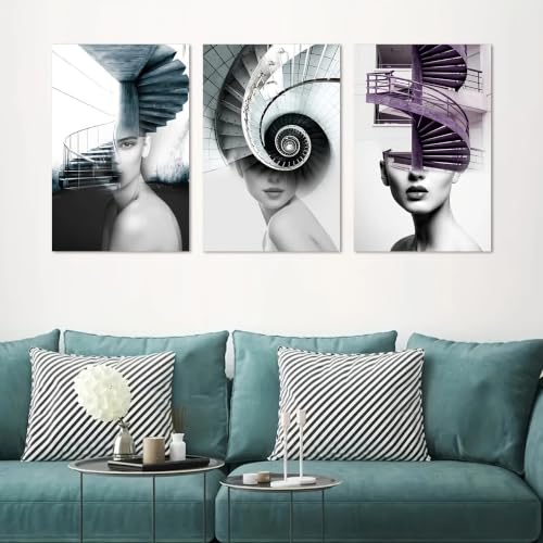 Portrait géométrique décoration murale triptyque gris toile avec cadre