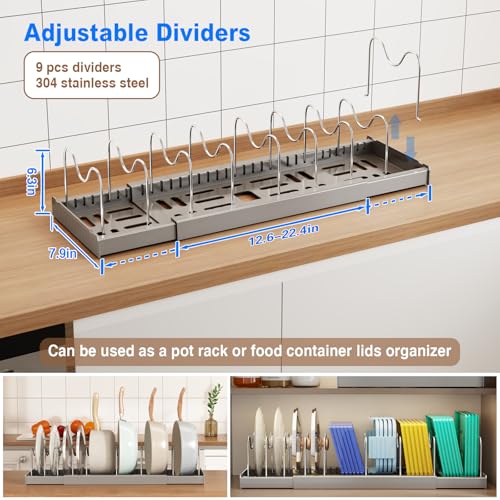 Image of Mustorn Pots and Pans Organizer Under Cabinet, 22 inch Expandable Food Storage Container Lid Organizers with 9 Adjustable Dividers Pot and Pan Lid Holders Rack Inside Cabinet /Countertop (Gray, 2 Pack)