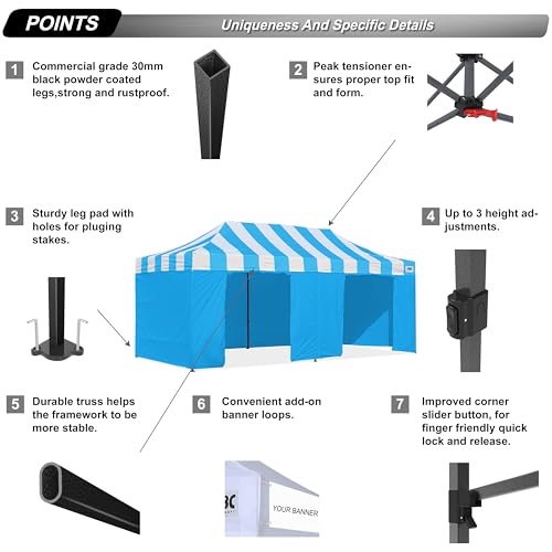 Image of ABCCANOPY Heavy Duty Easy Pop up Canopy Tent with Sidewalls 10x20,Strip SkyBlue