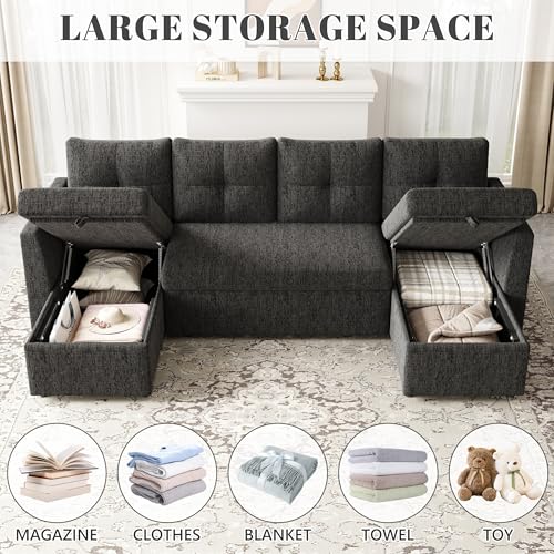 Image of Huatean Home Oversized Sleeper Sofa Couch, 110 inch 2 in 1 Pullout Couch Bed with Side Pockets for Living Room, Sectional Sleeper Sofa Bed with Double Storage Chaise, Black