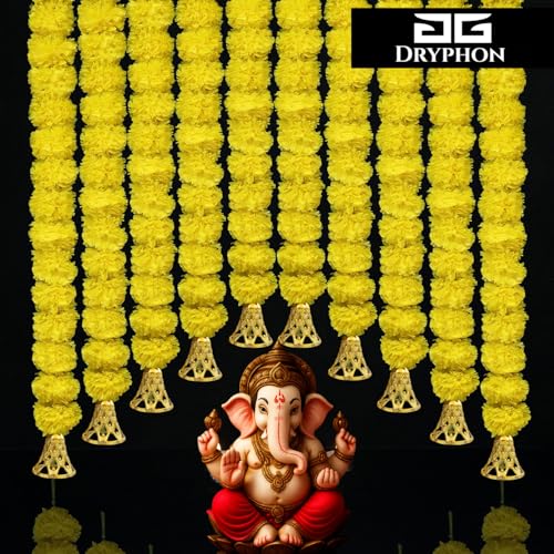Image of Marigold Garlands Decoration with Bell, Artificial Flowers for Decorations Hanging Garlands for Home Decorations, Ganpati Decoration /Diwali Decoration for Home Decor- (Yellow, Pack of 20)