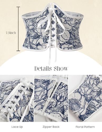 Image of Scarlet Darkness Corset Belt for Women Renaissance Lace up Corset Floral Wide Waist Belts White Blue Floral Size 8