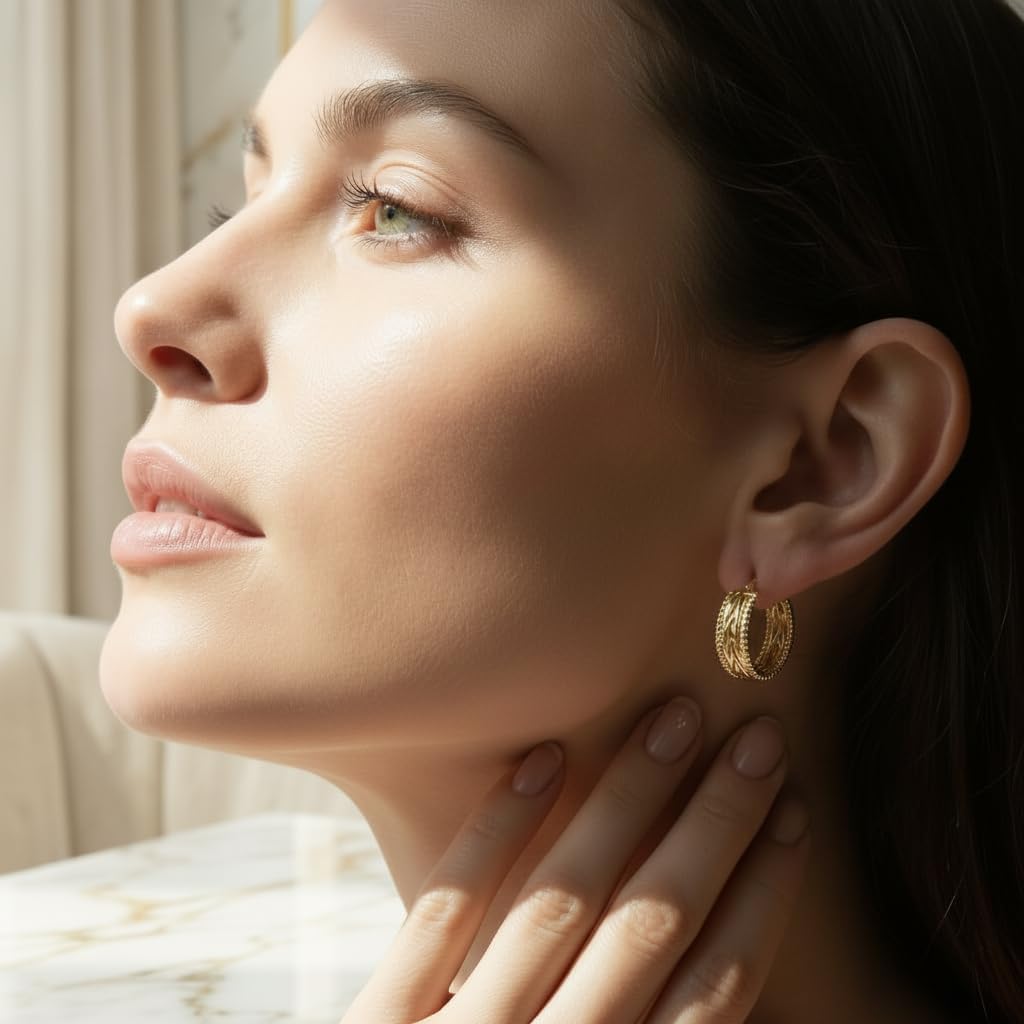 14k Yellow Gold Twisted Braided Hoop Earrings for Women, Textured Beaded Huggie Earrings, Hypoallergenic Minimalist Statement Jewelry 23.3mm*9mm