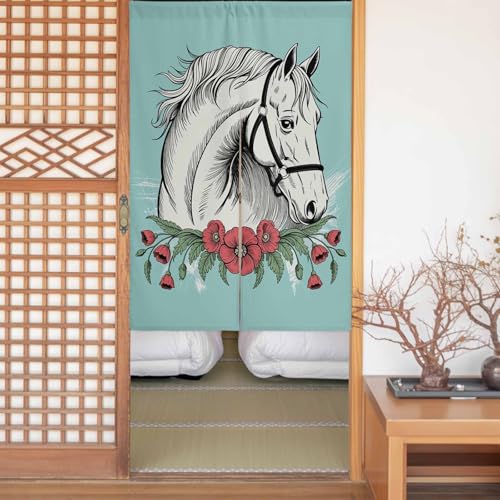 Sauoromeon のれん カーテン 幅85x丈120cm 厚手 遮光 暖簾 ドアカーテン 仕切り 目隠し 通気性 和風 おしゃれ フラット リング対応 ひも付き 動物 馬 レトロ調 シンプル お花 勝手口 玄関 キッチン リビング 春夏秋冬