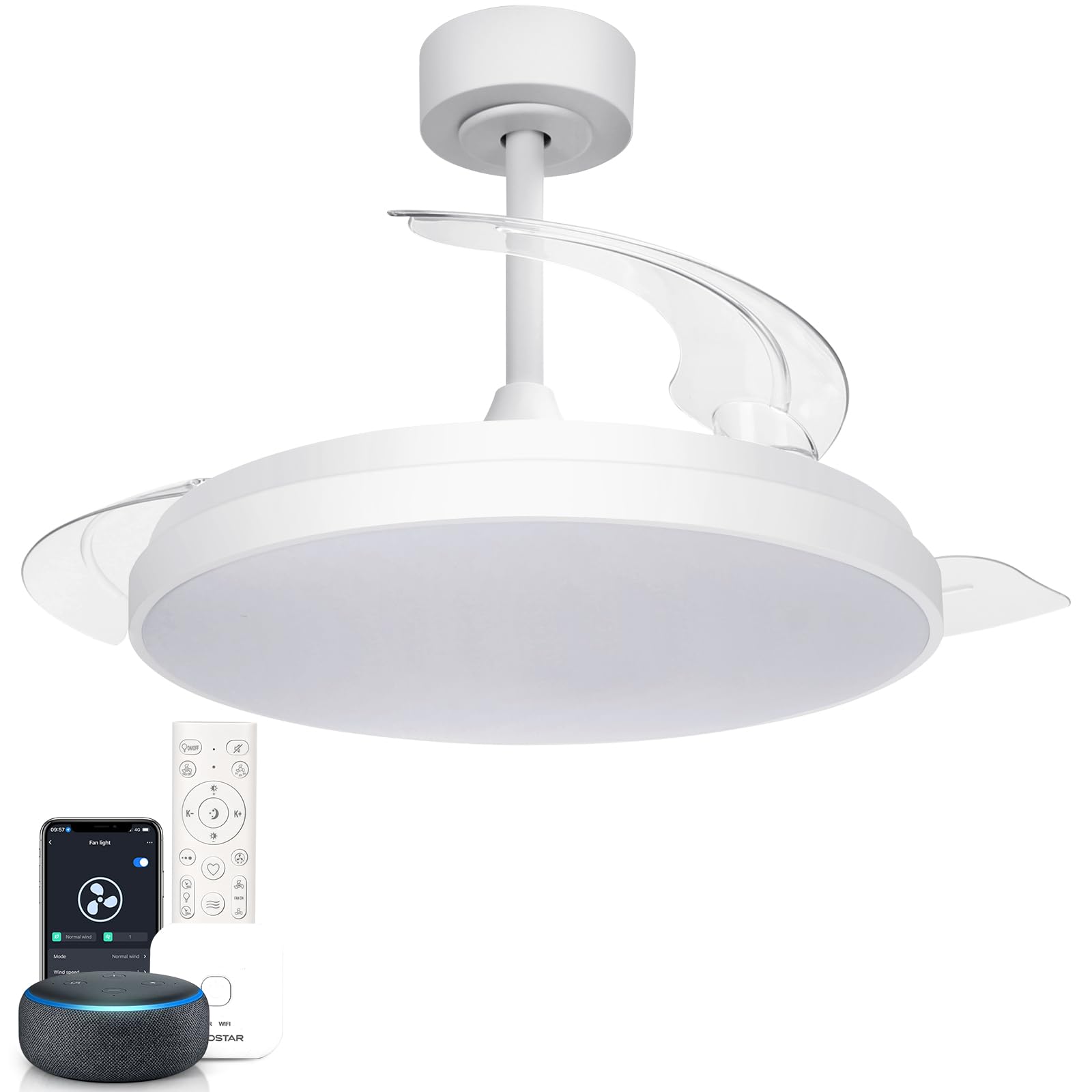Aigostar -Ventilador Techo aspas Retráctiles Alexa, LED 50W + DC 28W - APP/Mando, Lampara Ventilador Techo Inteligente con Mando a Distancia y Gateway