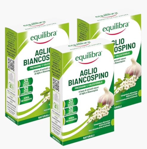 Equilibra Integratori Alimentari, a Base di Estratti Oleosi di Aglio, Biancospino, senza Retrogusto, Funzionalità dell'Apparato Cardiovascolare, 3 Pezzi da 32 Capsule