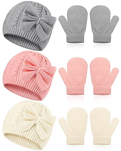 SATINIOR 3 Set Toddler Hat Glove Set Kids Winter Hats Warm Knitted Beanie Mittens Gloves with Bow for Baby Girls Boys 0-6Y(White Grey Pink)