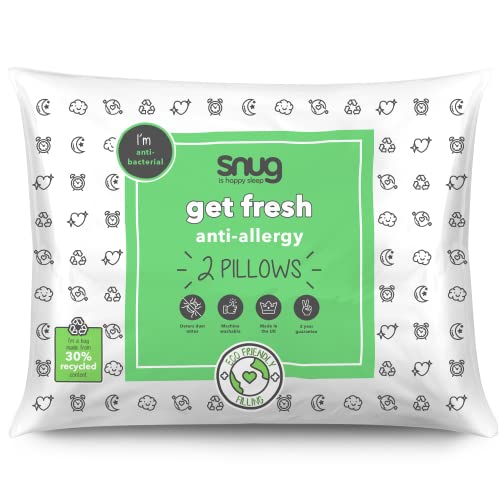 Snug Get Fresh Pillows 2 Pack - Anti Allergy Pillows Ideal for Front, Back and Side Sleepers Made with Eco Friendly Hollowfibre Protecting Against Bacteria - Machine Washable - Pack of 2,White