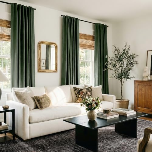 Image of 100% Blackout Shield Green Linen Blackout Curtains for Bedroom 84 Inches Long, Back Tab /Rod Pocket Living Room Drapes, Thermal Insulated Blackout Curtains 2 Panels Set, 50 inch W x 84 inch L,Loden