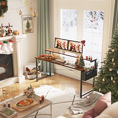 Odk Computer Desk With Adjustable Monitor Shelves, 63 Inch Home Office Desk With Monitor Stand, Writing Desk, Study Workstation With 3 Heights (10Cm, 13Cm, 16Cm), Rustic Brown #TOP7