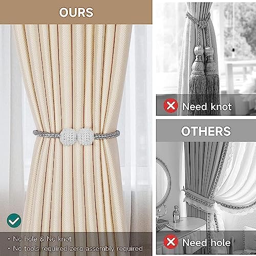 Curtain Tie Backs, 4Pack Magnetic Tie Backs for Curtains, Curtain Drapes Clips Rope Holdbacks Curtain Holder Buckles, Weave Rope Drape Tie Backs For Home Office Hotel Decorative (Silver Grey)