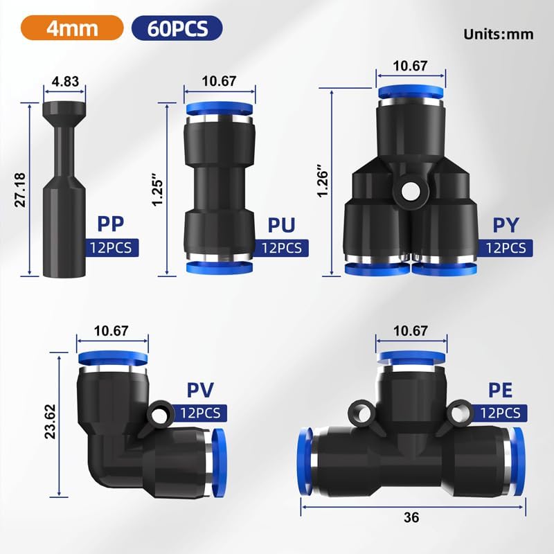 Pneumatic Fitting 8mm1/4 Inch Quick Connect Hose Fittings 4mm 6mm 12mm 3/8' Push 60Pcs(4mm PU V E Y PP)