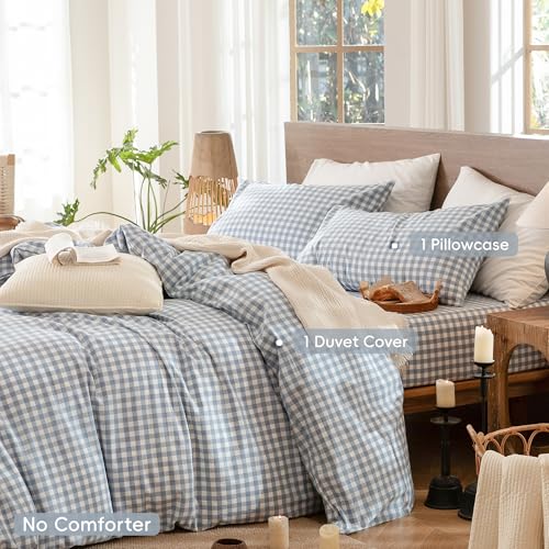Image of MooMee Gingham Duvet Cover Set 100% Washed Cotton Linen Like Textured Breathable Durable Soft Comfy Modern Checkered Design (Classic Gingham Cornflower Blue, Twin 68 inchx90 inch)