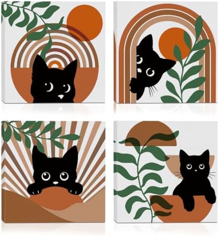 4 Pcs Boho Cat Canvas Wall Art Framed Wall Decor, Cat Lover Gifts...