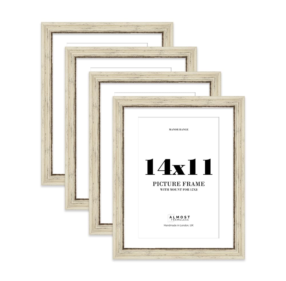 14x11 Distressed Cream Picture Frame - 14x11 Frame with 12x8 Mount for 14x11/12x8 Pictures Vintage Style Room Decor, 4 Pack