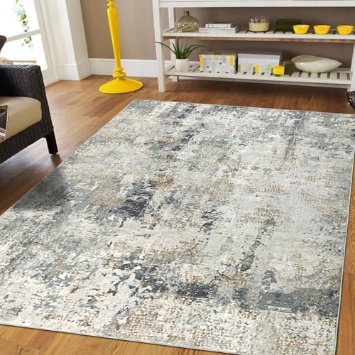Capslpad 120x180cm Large Modern Abstract Rugs Living Room Non-slip Area Rug Short Pile Faux Wool Bedroom Carpet Lightweight Washable Minimalist Floor Mat for Living Room Bedroom Office Decor,Grey Gold