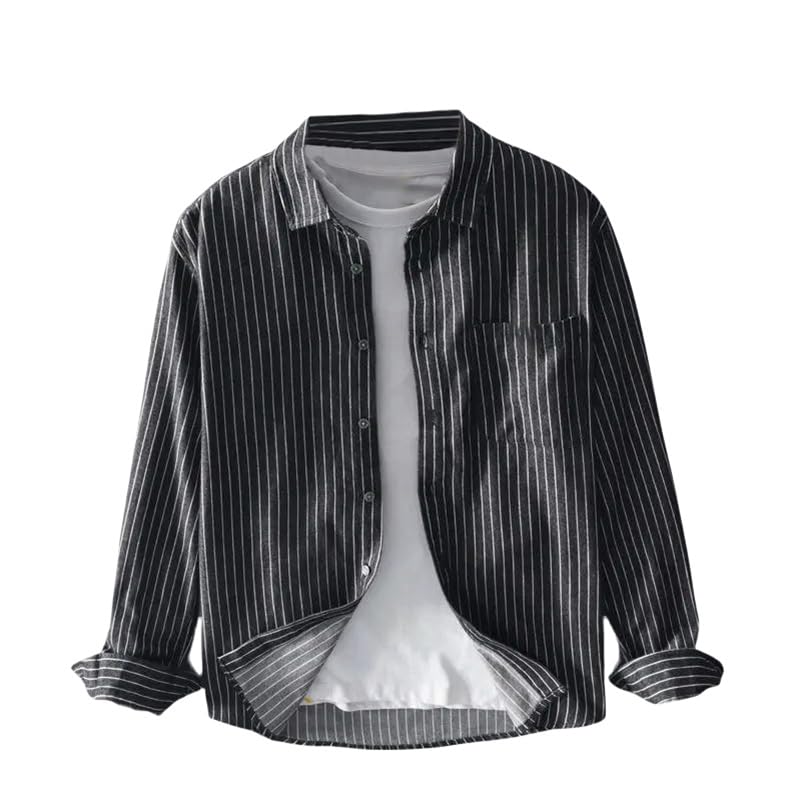 Camicia da uomo Harajuku in cotone a righe slim fit top sciolto casual scollo quadrato tasche con bottoni manica lunga blusa