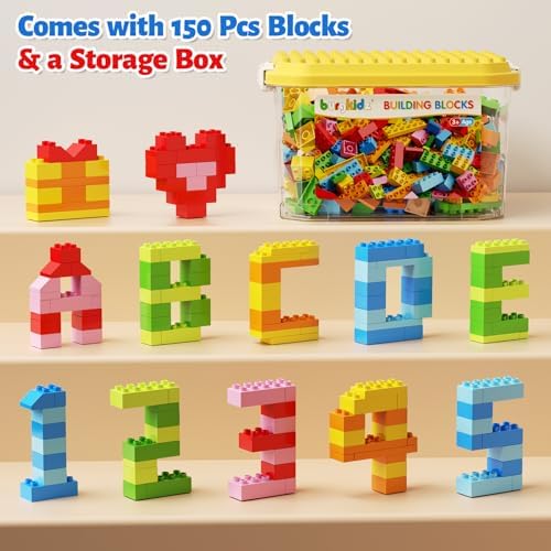150 Pieces Classic Big Building Blocks with Storage Box, Large Toddler Blocks, Compatible with Most Major Brands, STEM Toy Gift Big Bricks, Building Blocks for Toddlers 3-5, Kids Blocks for All Ages - 5