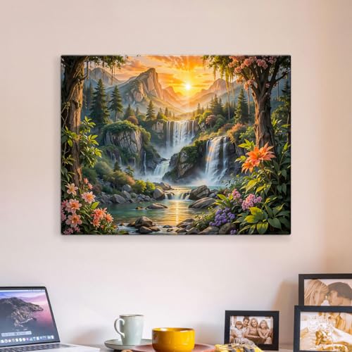 Image of ArtX Canvas Step Waterfall Painting Vastu, Big Size Scenery, Water Stream, Mountain Painting Vastu Water Fall, Rising Sun Wall Decor, Multicolor, Nature, 58.0 X 45.0 cm, Set of 1