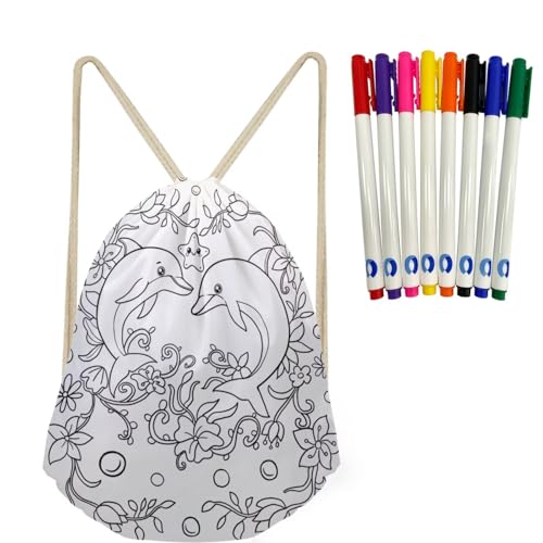 Personalized Doodle Drawstring Bags for Kids Ages 6-8 8-12 Dolphin Color in Drawstring Backpack Crafts for School Supplies3