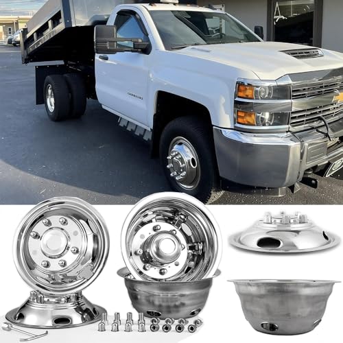 Image of 17 inch Polished Stainless Steel Dually Wheel Simulator for 2011-2025 Chevry Silverado|GMC Sierra 3500HD,4pcs Nice Looking Bolt On Wheel Cover,8 Lug 5 Hand hole Hubcap with Installation Tool Kit