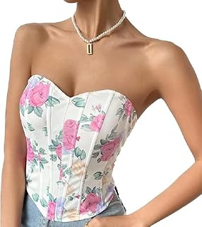 Women's Strapless Print Bustier Corset Top Asymmetrical Hem Crop Tops Boned Tube Top