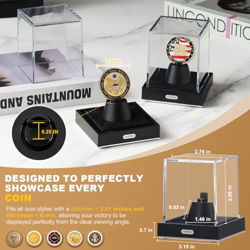 Image of JupDec Coin Display Case, Clear Acrylic Single Coin Holder with Durable Base, Dustproof Cube Showcase with Black Velvet Interior, Ideal Gift for Challenge Coin Fans & Collectors