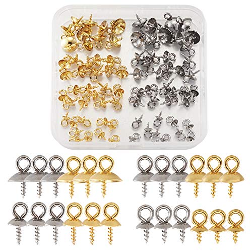 Craftdady 80Pcs Stainless Steel Cup Pearl Bail Pin Peg Pendants Gold Silver Metal Screw Eye Pinch Bails for Half Drilled Beads Charms Jewelry Making