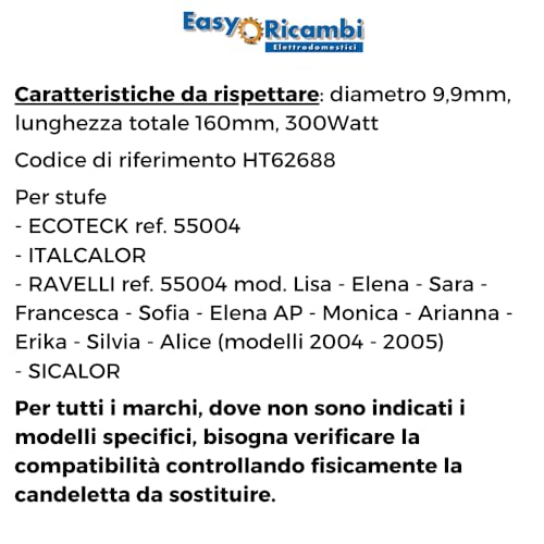 Zündwiderstand zur automatischen Zündung von Pelletöfen 300 W 160 mm, Durchmesser 9,9 mm