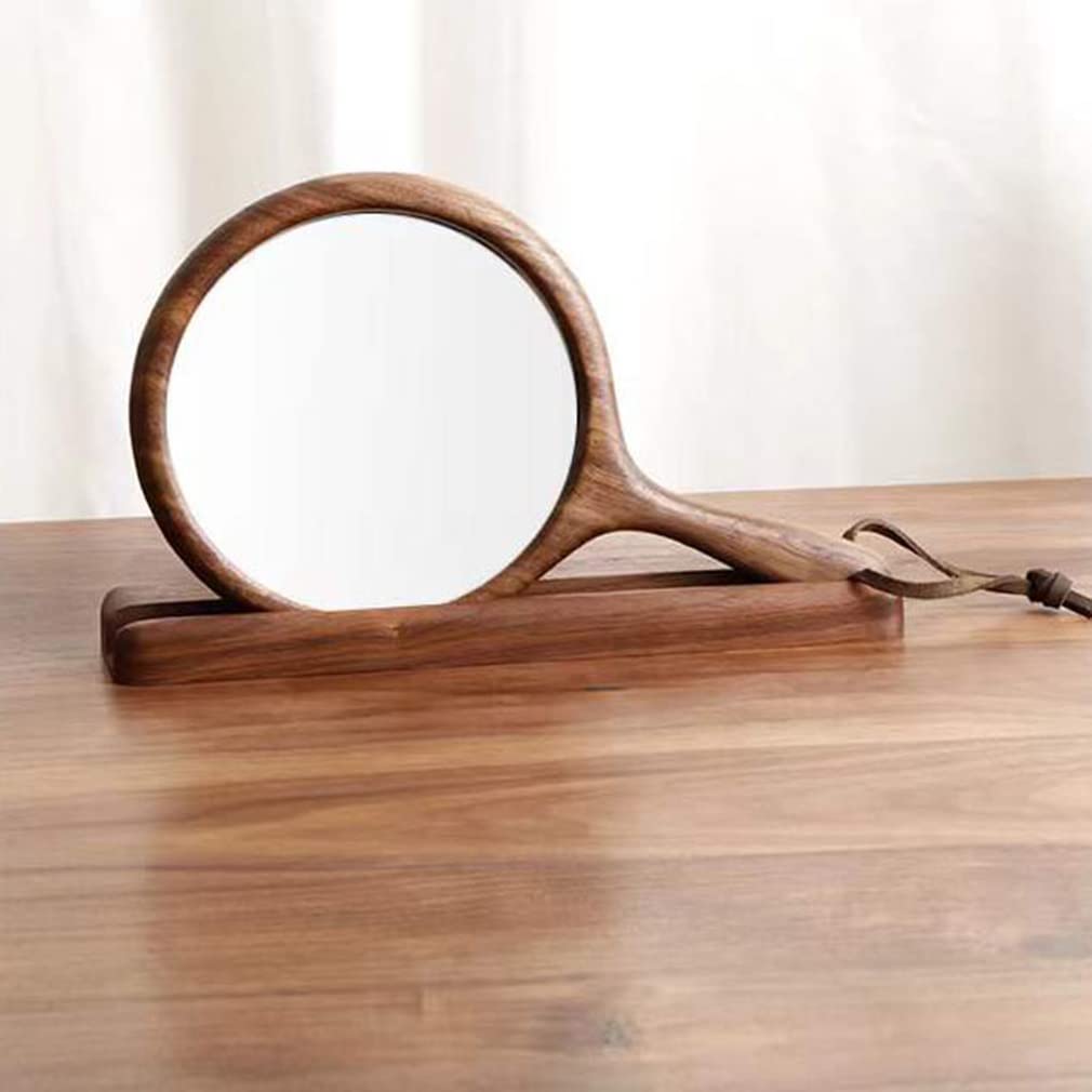 Handheld Mirror with Base, Wood Barber Hairdressing Handheld Mirror, Makeup Hand Vintage Mirror, Portable Compact Vanity Hanging Mirrors for Salon,Brown