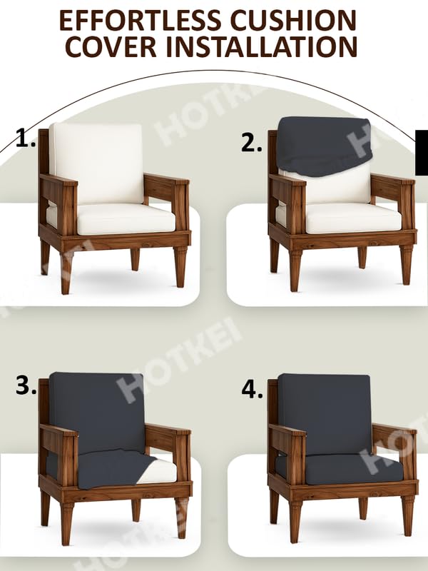 Image of HOTKEI Dark Grey (Pack of 6) 200 GSM Fabric Wooden Sofa Seat Cover Elastic Stretchable Cushion Seat Slip Cover Protector for Wooden Sofa Set 3 Seater Antislip Full Covers for Living Room