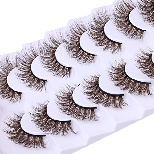 Alphonse Brown Lashes Strip, Dark Brown Colored False Lashes Extensions, Natural Look Short Wispy D Curl Brown Eyelashes 7 Pairs Pack #TOP4