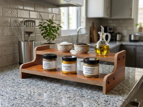 Image of 2-Tier Spice Rack, Wood Step Shelf Countertop Spice Storage Holder, Kitchen Pantry Cabinet Organizer Cupboard for Spice Bottles, Jars, Seasonings, Baking Supplies (2 shelf)