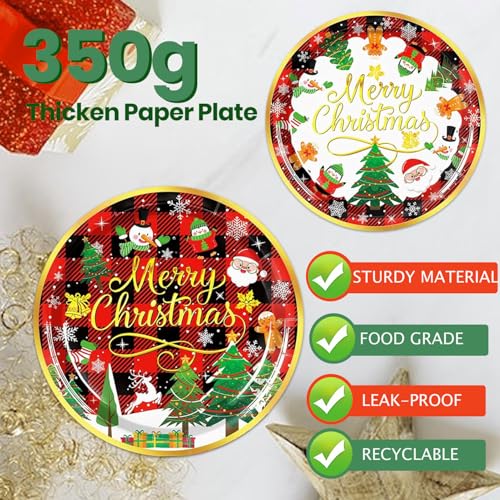 Christmas Party Decorations Supplies - 175 PCS Merry Christmas Red Plaid Disposable Dinnerware Set Xmas Paper Plates and Napkins Sets with Cups Fork Spoon for Holiday Party Supplies, Serve 25 – Image 4