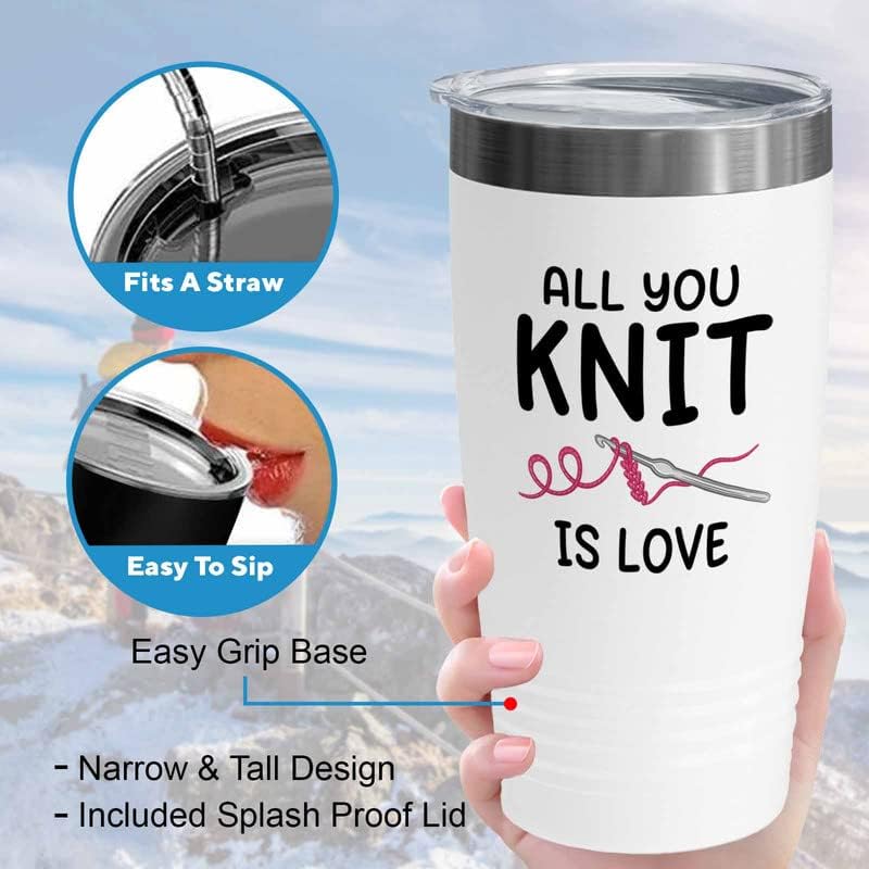 Knitter White Tumbler 20oz - All you knit is love - Knitter Gifts for Women Knitting Yarn Crocheting Gifts for Knitters and Crocheters Craft