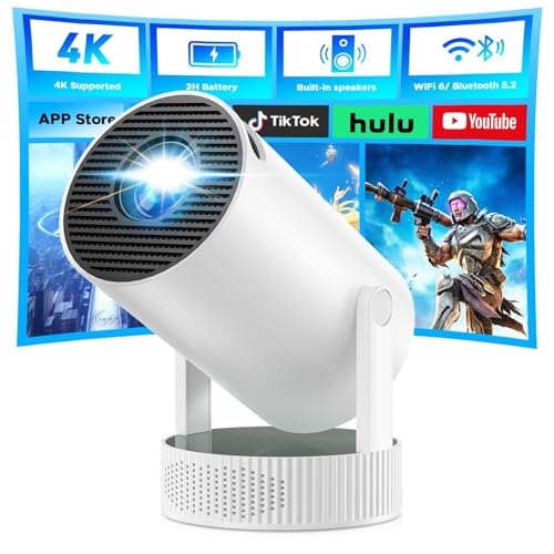 Projecteur Batterie intégrée, videoprojecteur Compatible 4K, Rotation à 220° intégré WiFi Bluetooth, Correction Automatique du trapèze Projector, Mini...