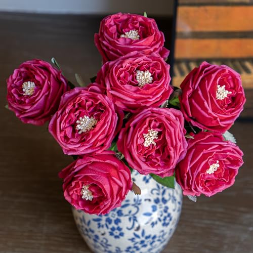 DUYONE Fake Flowers for Decoration Home Decor Artificial Flowers Austin Rose Peony Latex Fake Flower Living Room Decoration Vivid Pink Roses Peonies (Red 4pcs)