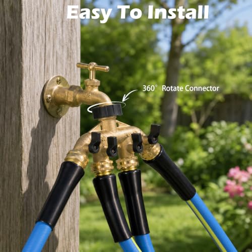 Image of SheeChung 4 Way Hose Splitter, Heavy Duty Brass Garden Hose Splitter Manifold, 3 /4 inch Multi Water Hose Connector Adapter, Outdoor Faucet Spigot Splitter with 4 Shut-Off Valves
