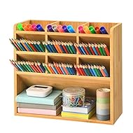 Marbrasse Bamboo Art Supply Desk Organizer, Pen Holder with 9 Compartments, Pen Organizer for Desk, Desktop Stationery Storage Caddy, Like Colored Pencils, Pen, Markers, Paint Brushes
