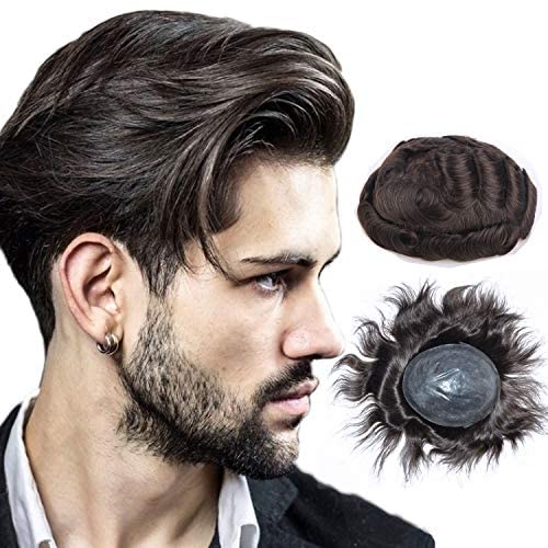 LLWearToupee for Men 0.06mm Soft Skin Mens Hair Pieces European Virgin Human Hair Mens Hair Replacement System with 8X10 Inch Base Cap 130% Medium density (#2) Dark Brown Color