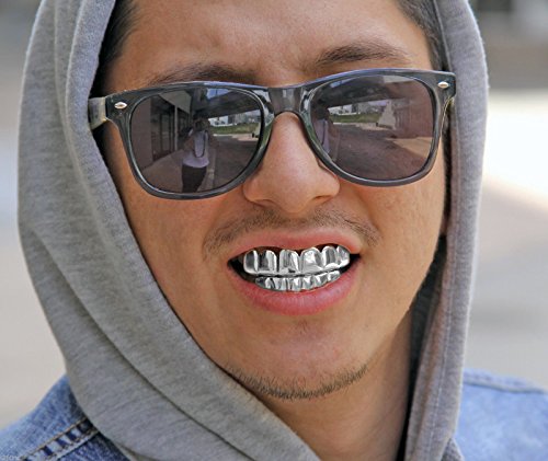 Silver-Tone Polished Hip Hop Teeth Grillz Top & Bottom Grill Set #TOP3