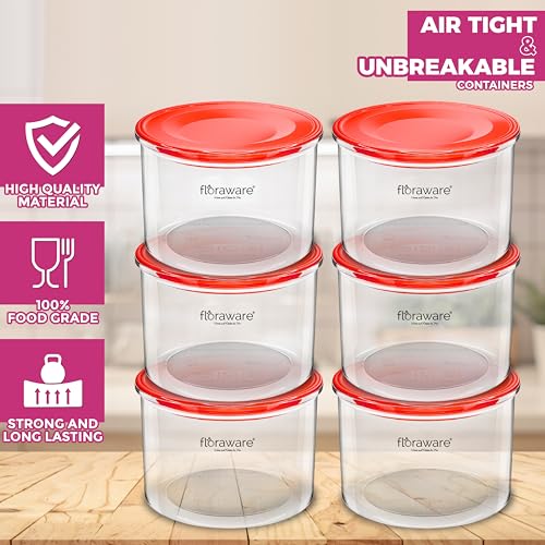 Image of Floraware Plastic Storage Jar and Container Set I Air Tight & BPA Free Containers for Kitchen Storage Set I Grocery Kitchen Container Set I Multipurpose Jar, 600 Ml Each, Set 6, Red