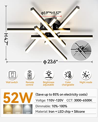 Jfhtnfj Modern Sputnik Ceiling Light Fixture 52W Led Dimmable With Remote Control Ceiling Lighting Black Flush Mount Chandelier Ceiling Lamp For Bedroom Study Kitchen Living Room 3-Color 23.6Inches #TOP1