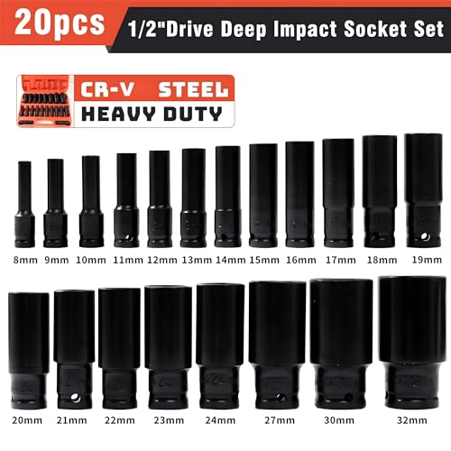 Image of 20 PCS 1 /2-Inch Drive Deep Impact Socket Set, CR-V, 6 Point, 8mm to 32mm, Metric, Deep