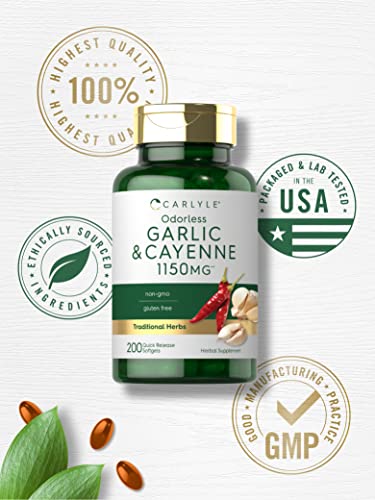 Carlyle Odorless Garlic And Cayenne 1150Mg | 200 Softgels | Non-Gmo, Gluten Free Supplement #TOP4