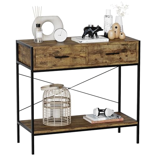 Vida Designs Brooklyn Console Table Hallway Living Room Rustic Shelf Industrial Storage Furniture (Dark Wood, 2 Drawer)