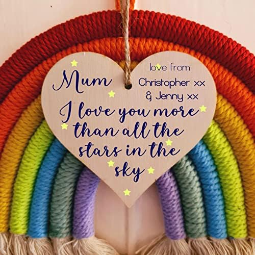 Personalised Handmade Wooden Hanging Heart Plaque for Mum loving thoughtful special keepsake Mum love you more than the stars in the sky card alternative from daughter son kids