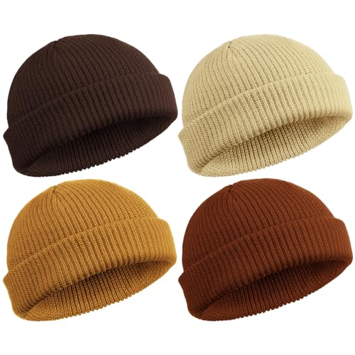 SATINIOR 4 Pieces Trawler Beanie Watch Hat Roll up Edge Skullcap Fisherman Beanie Unisex (Caramel, Khaki, Dark Caramel, Coffee)