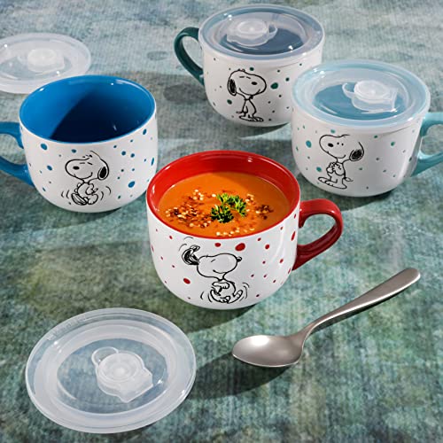 Peanuts Freckled Joy 25Oz. Stoneware Soup Bowls W/Clear Lid, 4-Pack, Assorted Colors #TOP1